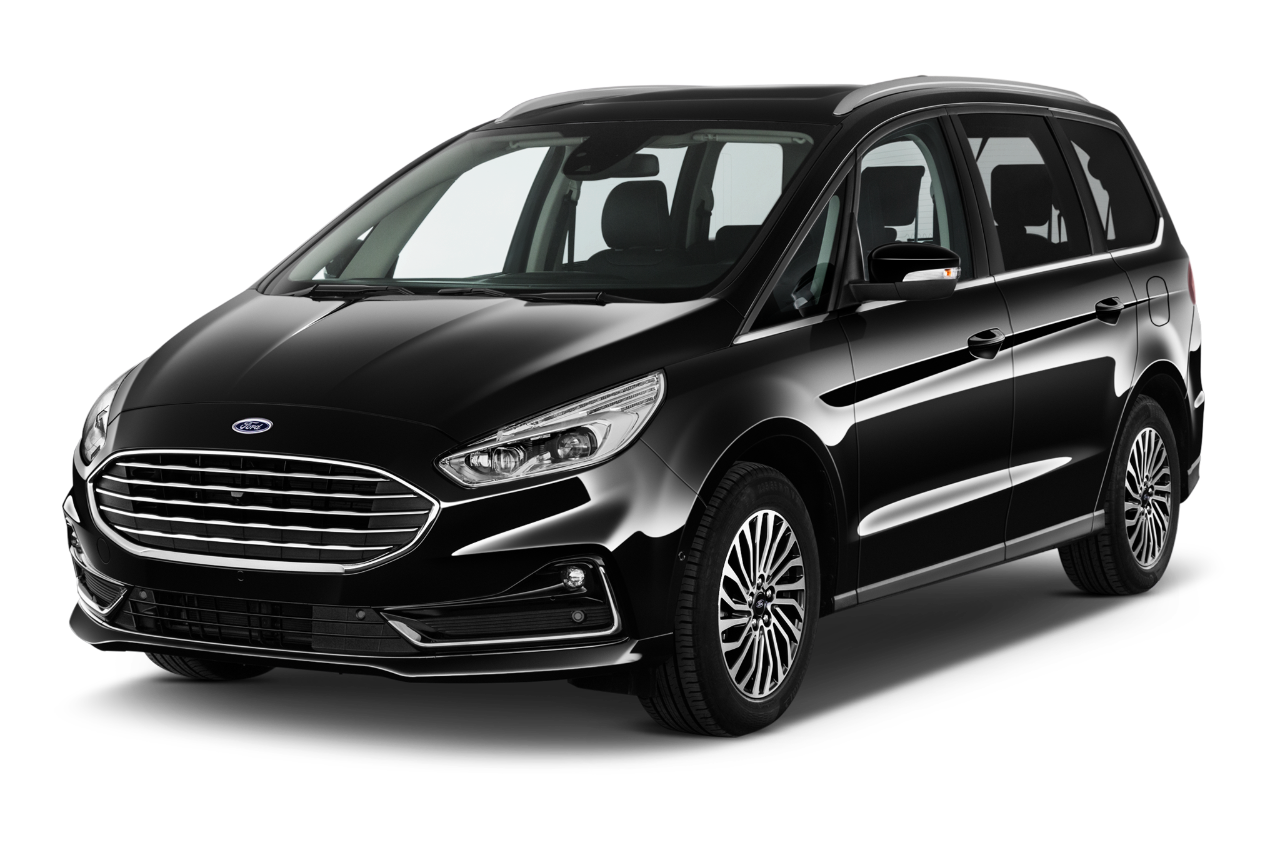 Front three quarter view of a Front three quarter view of a 2021 Ford Galaxy Titanium 5 Door Mini Van angular front stock photos of front three quarter view